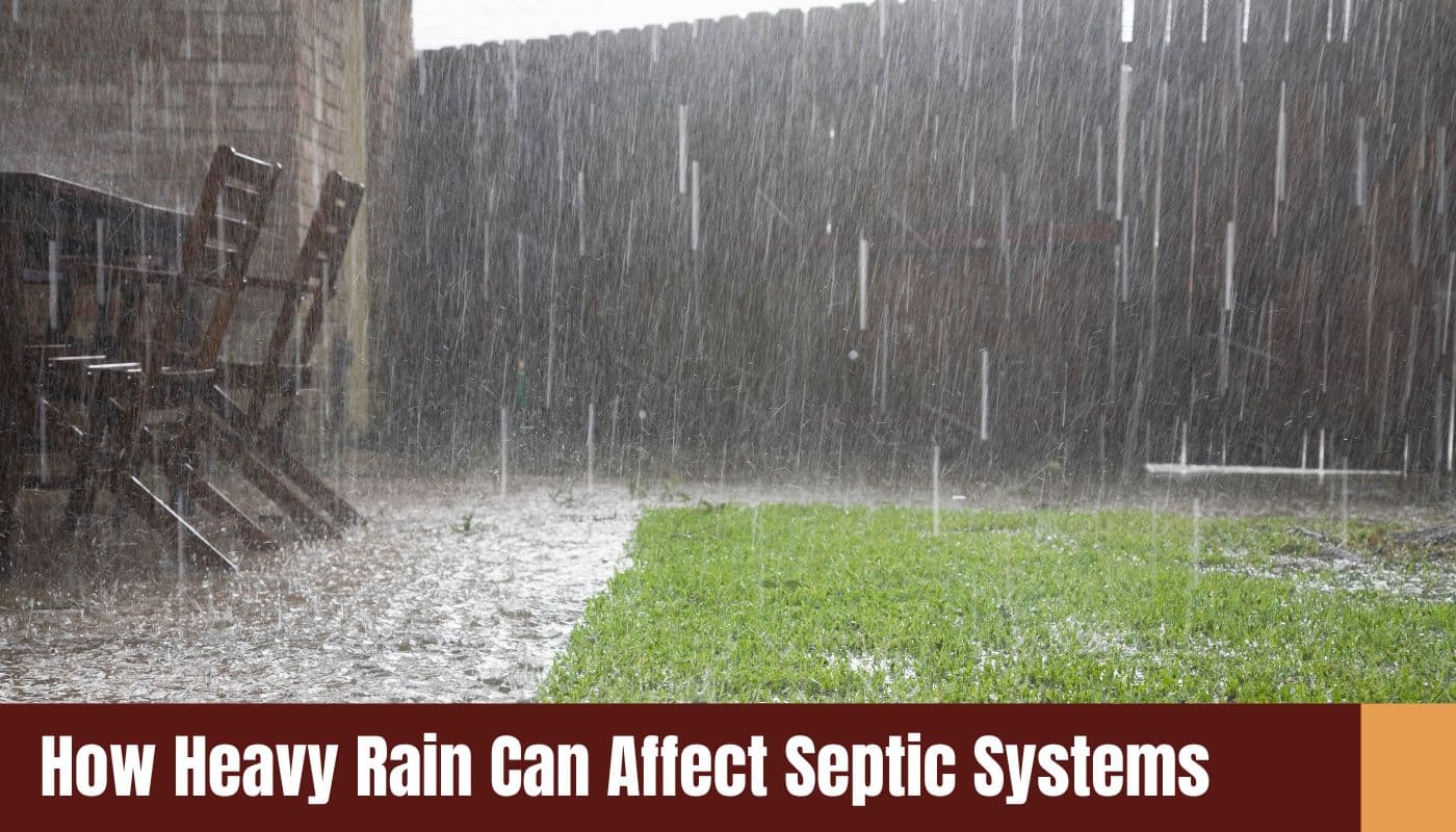 Heavy rain pouring down on a residential backyard, flooding a small patch of grass and a paved patio area next to a wooden fence and outdoor chairs.