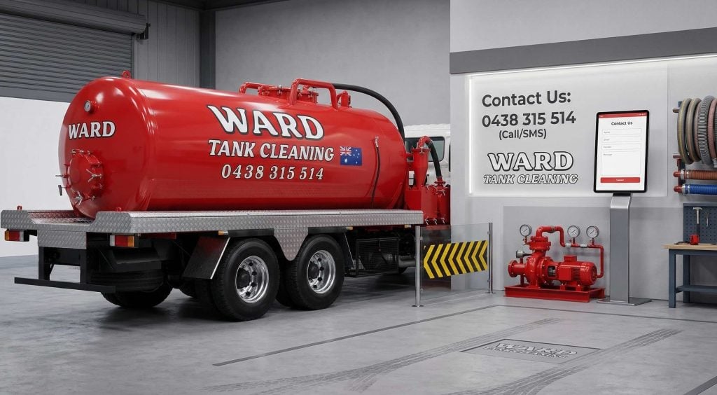 A red "Ward Tank Cleaning" vacuum truck parked in a modern warehouse facility next to a contact information wall and a digital kiosk.