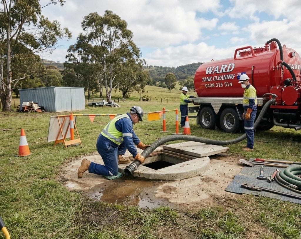 Service workers in high-visibility gear use a large hose connected to a red "Ward Tank Cleaning" truck to pump out an underground septic tank