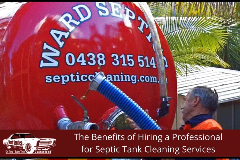 A worker standing next to the rear of a large red vacuum tanker truck branded with "WARD SEPTICS".