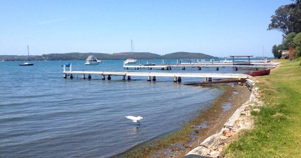 A calm blue bay with several white wooden jetties extending into the water from a grassy shoreline.