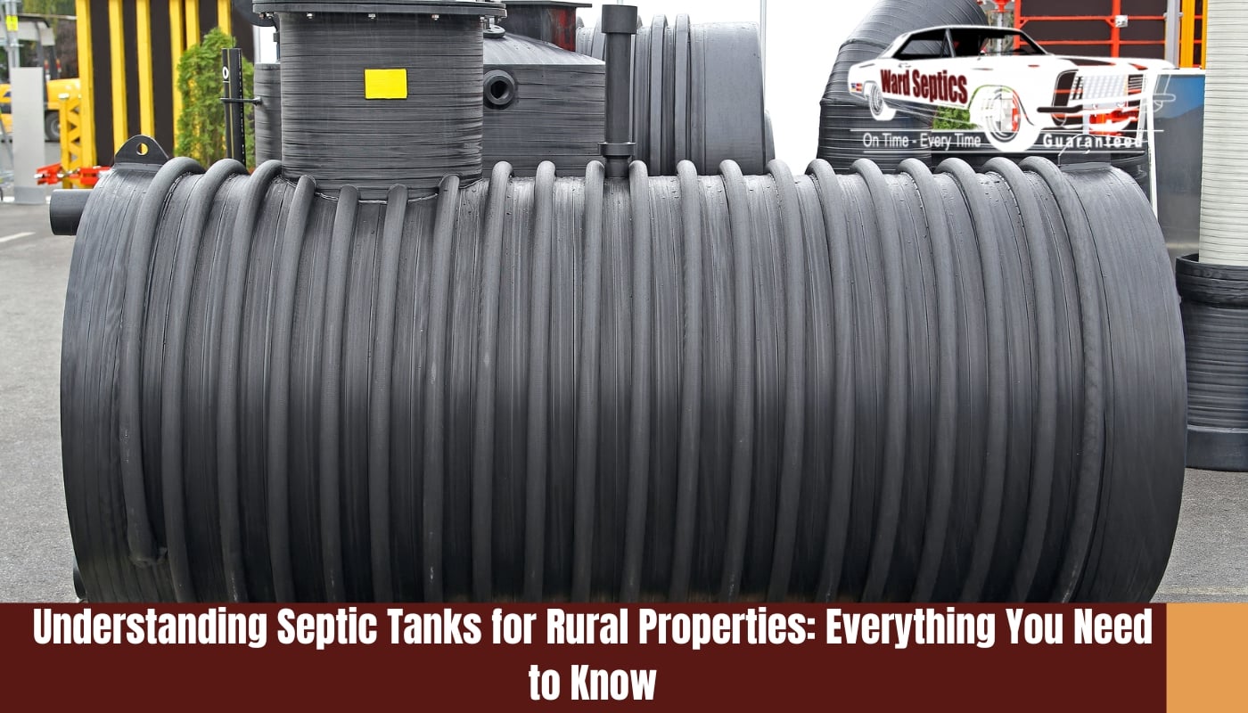 A large, black corrugated plastic underground septic tank on display, featuring a built-in riser neck and inspection pipe.