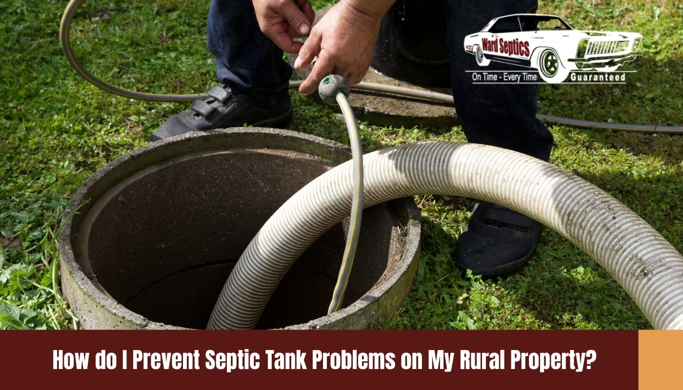 A worker's hands feeding a yellow water hose fitted with a specialty nozzle into an open circular concrete septic tank alongside a thick, white corrugated vacuum hose.