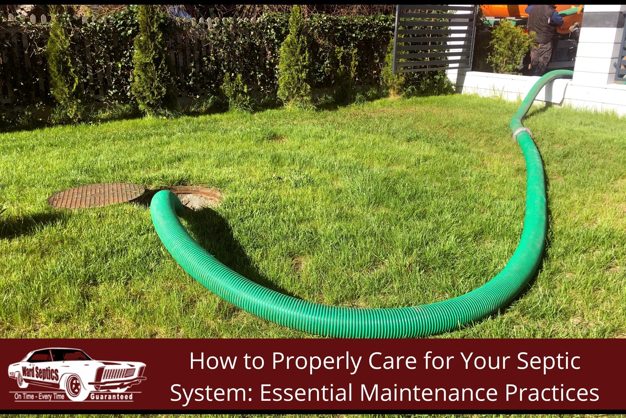 A large green hose running across a grassy lawn from an open septic tank manhole to a service truck.