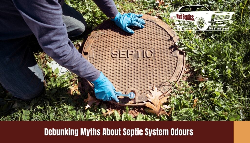A person wearing blue gloves using a wrench to secure or open a heavy, round metal manhole cover stamped with the word "SEPTIC".