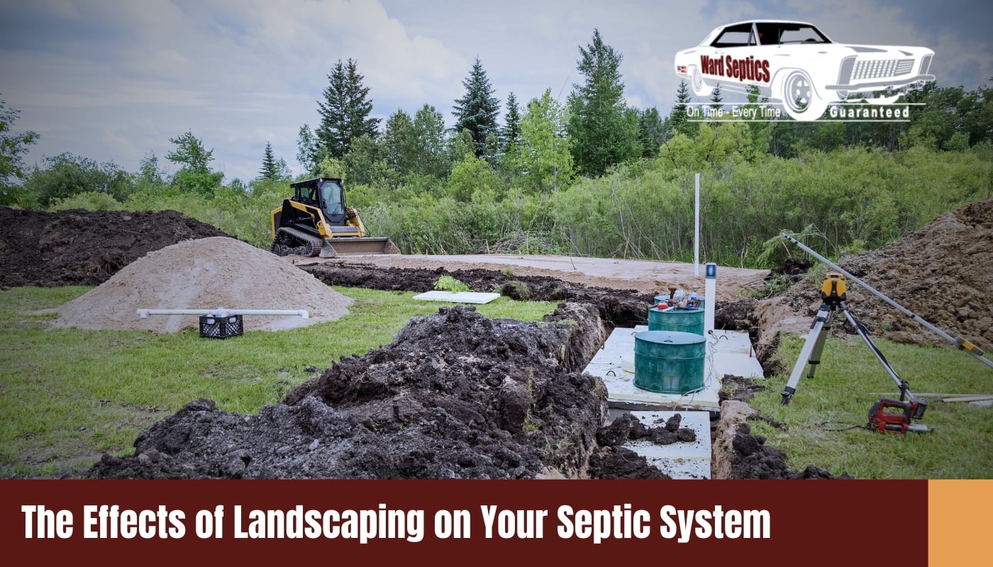 A septic system installation and landscaping site featuring a dug trench with green plastic risers, dirt mounds, surveying equipment on a tripod, and a yellow skid steer working.