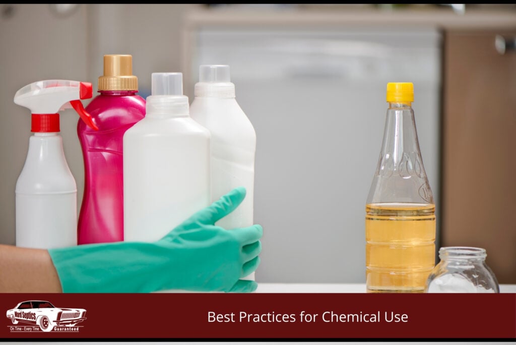 A hand with green gloves and bottles of chemicals for cleaning