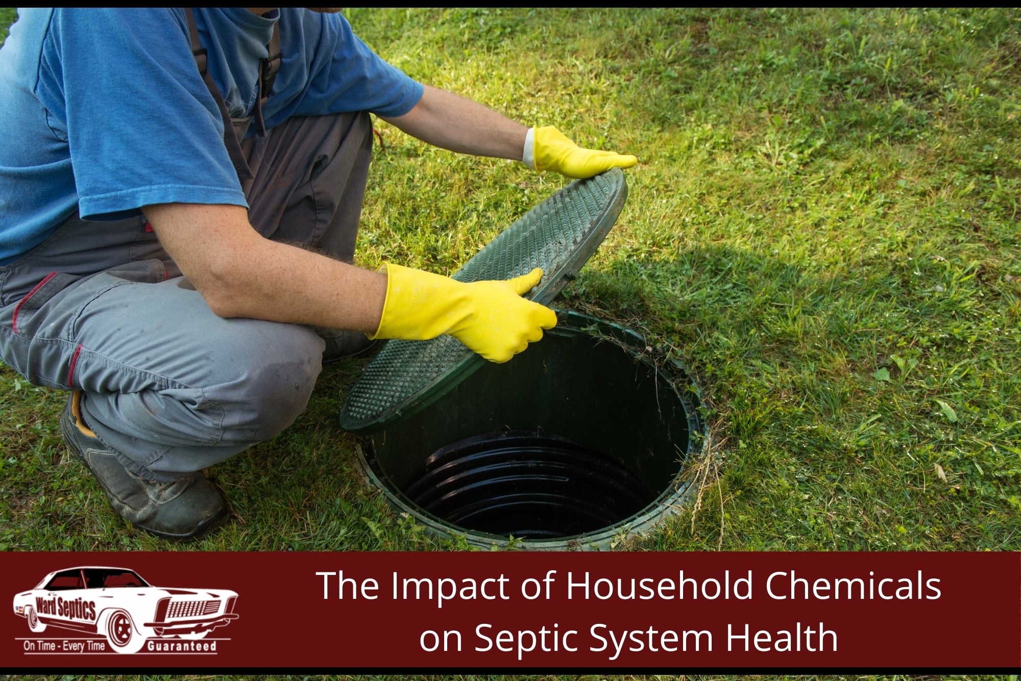 A man with yellow gloves opening the cover of septic tank.