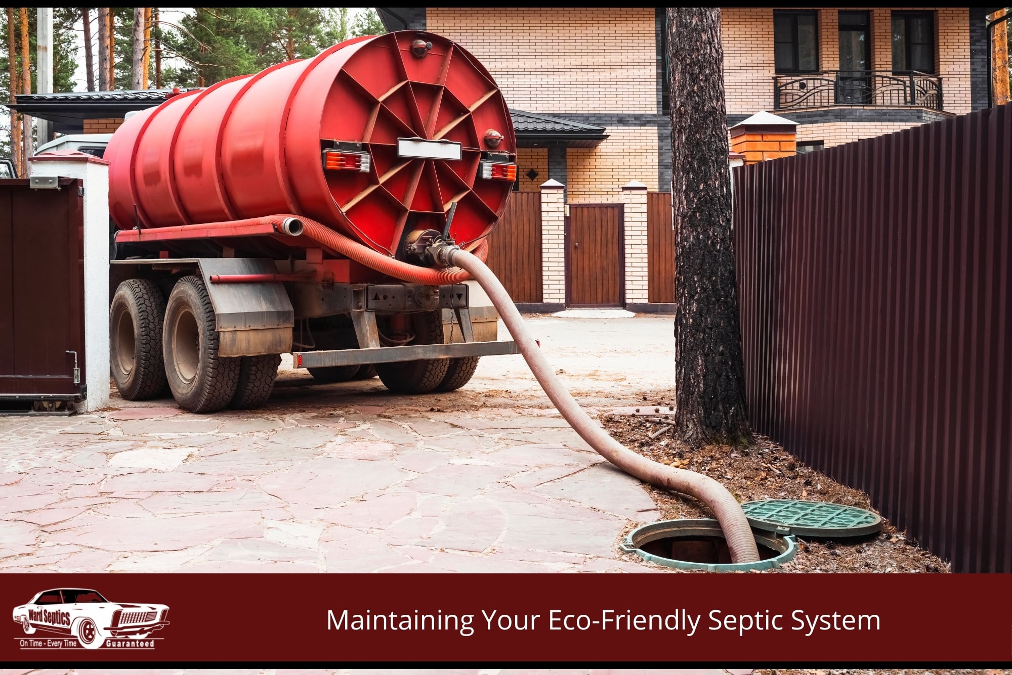 Truck performing maintenance on an eco-friendly septic system in a residential area, emphasizing sustainable waste management solutions.