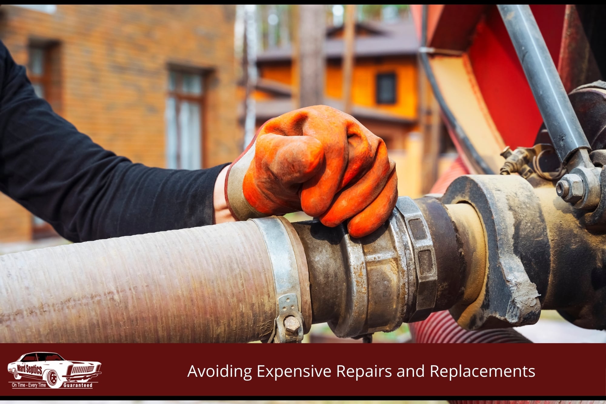 Worker with orange gloves connecting an industrial hose to equipment for fluid transfer near wastewater system