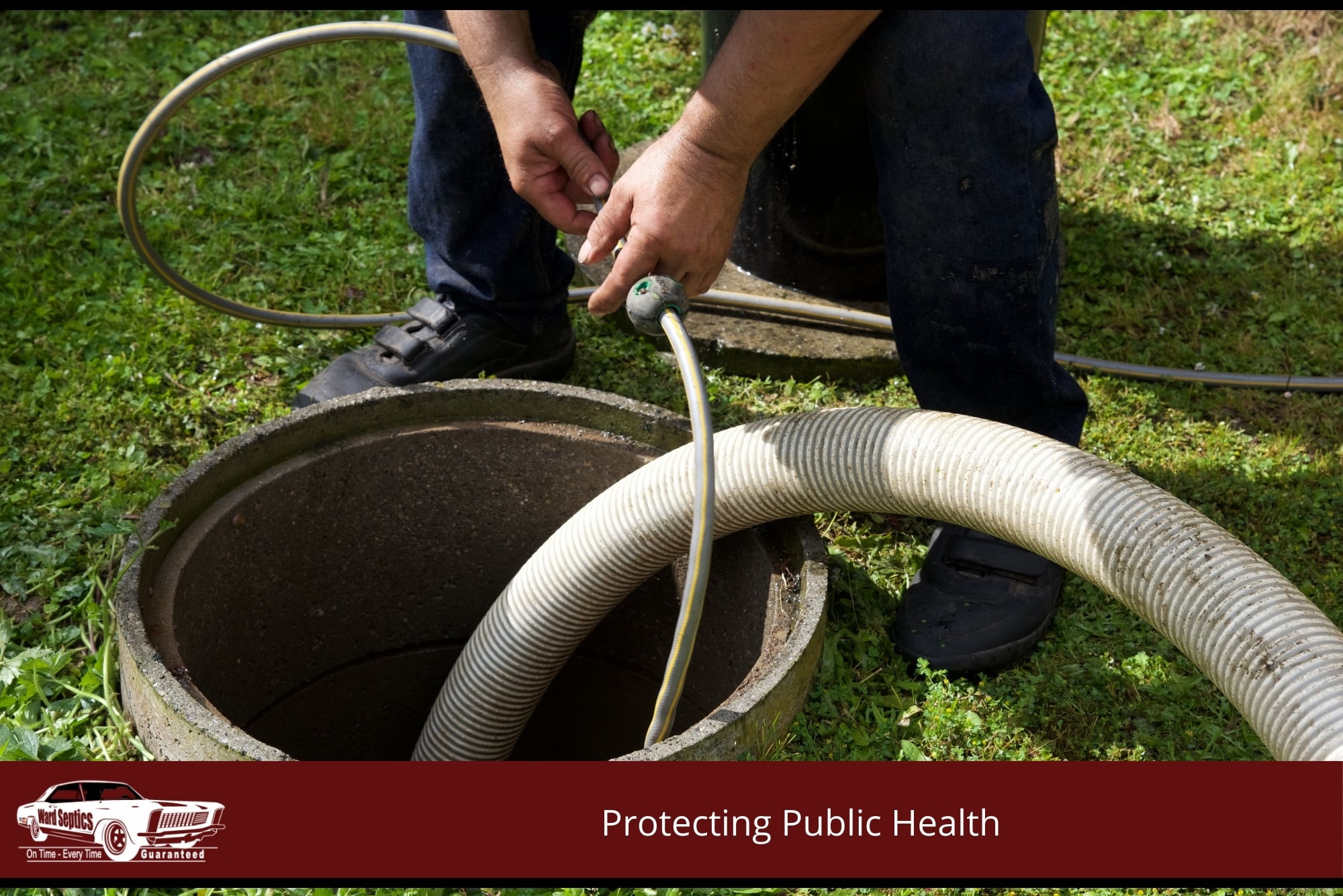 Professional plumber using equipment to clean or inspect a residential septic tank outdoors on a grassy area.