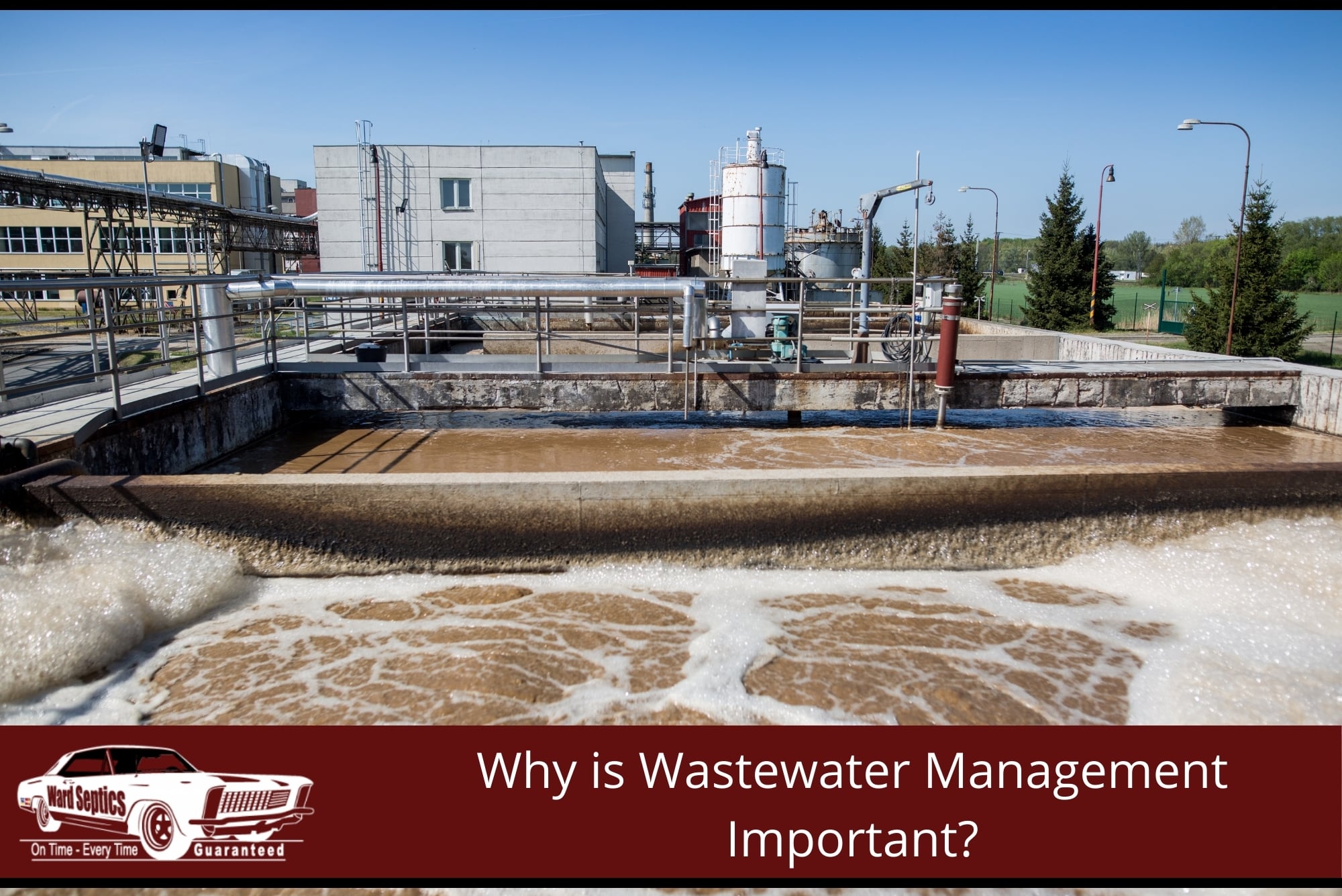 Industrial wastewater treatment plant with active aeration tanks, processing water under a clear blue sky, surrounded by modern facilities and greenery.