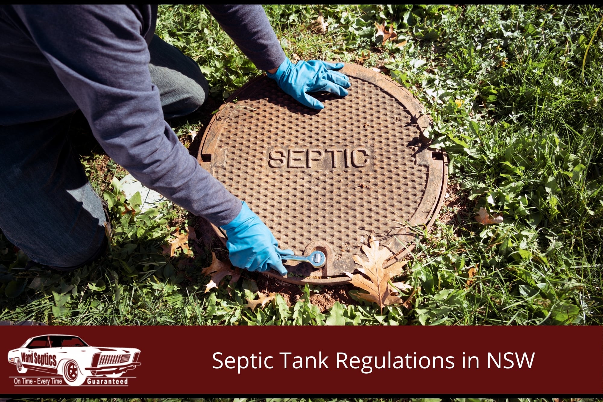 A worker wearing blue protective gloves uses a socket wrench to unscrew a heavy, rusted metal manhole cover stamped with the word "SEPTIC".