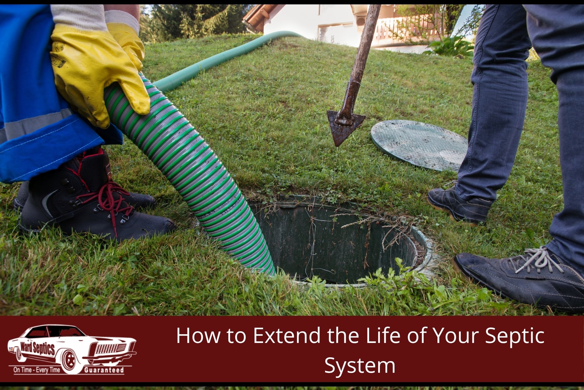 A technician wearing yellow gloves guides a large green vacuum hose down into an open septic tank.