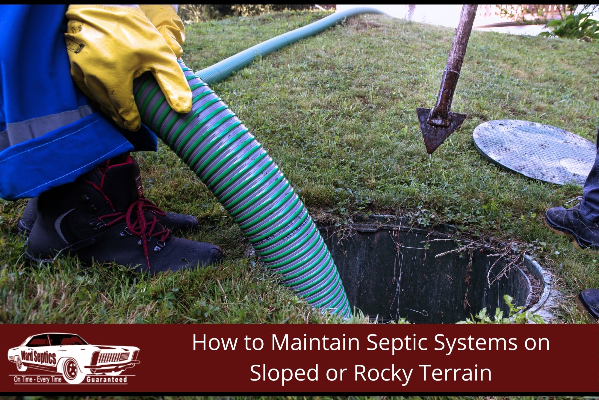 A technician wearing yellow gloves guides a large green vacuum hose down into an open septic tank.