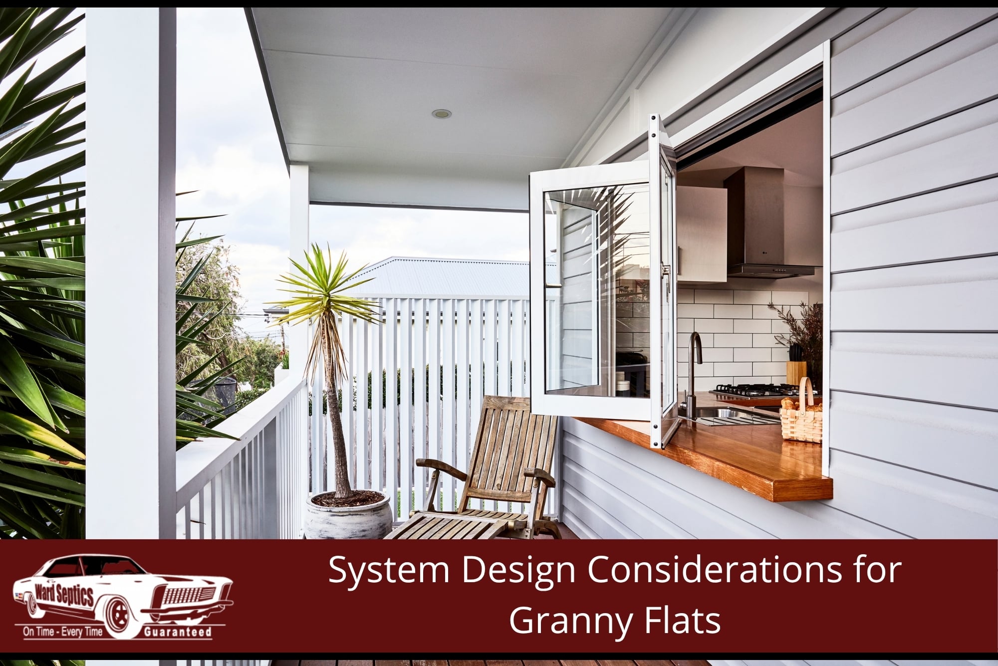 A modern granny flat balcony looking through a wide, open window onto a kitchen countertop.