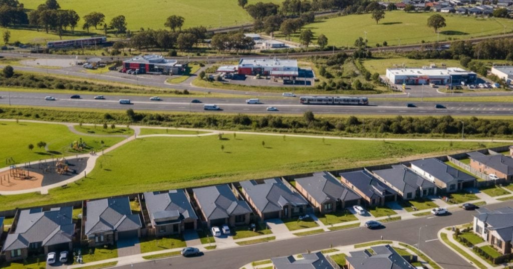 A suburban residential neighborhood bordered by a large green park with a playground in Warnervale NSW