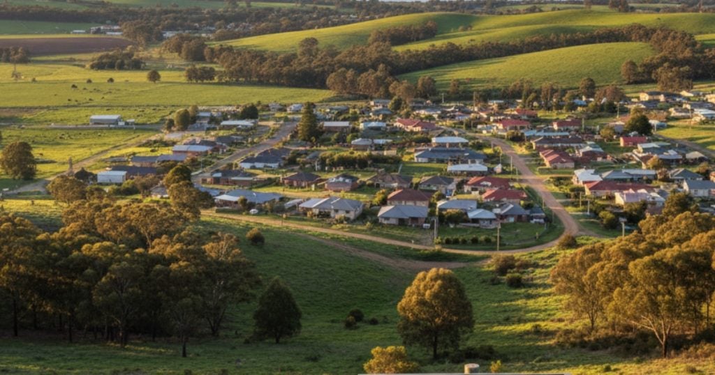 A small country town nestled amongst rolling green hills and patches of dense woodland at sunset in Watanobbi NSW