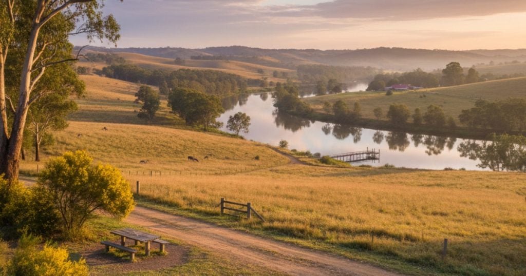 A tranquil river winding through rolling golden pastures at sunrise in Wendoree Park NSW.