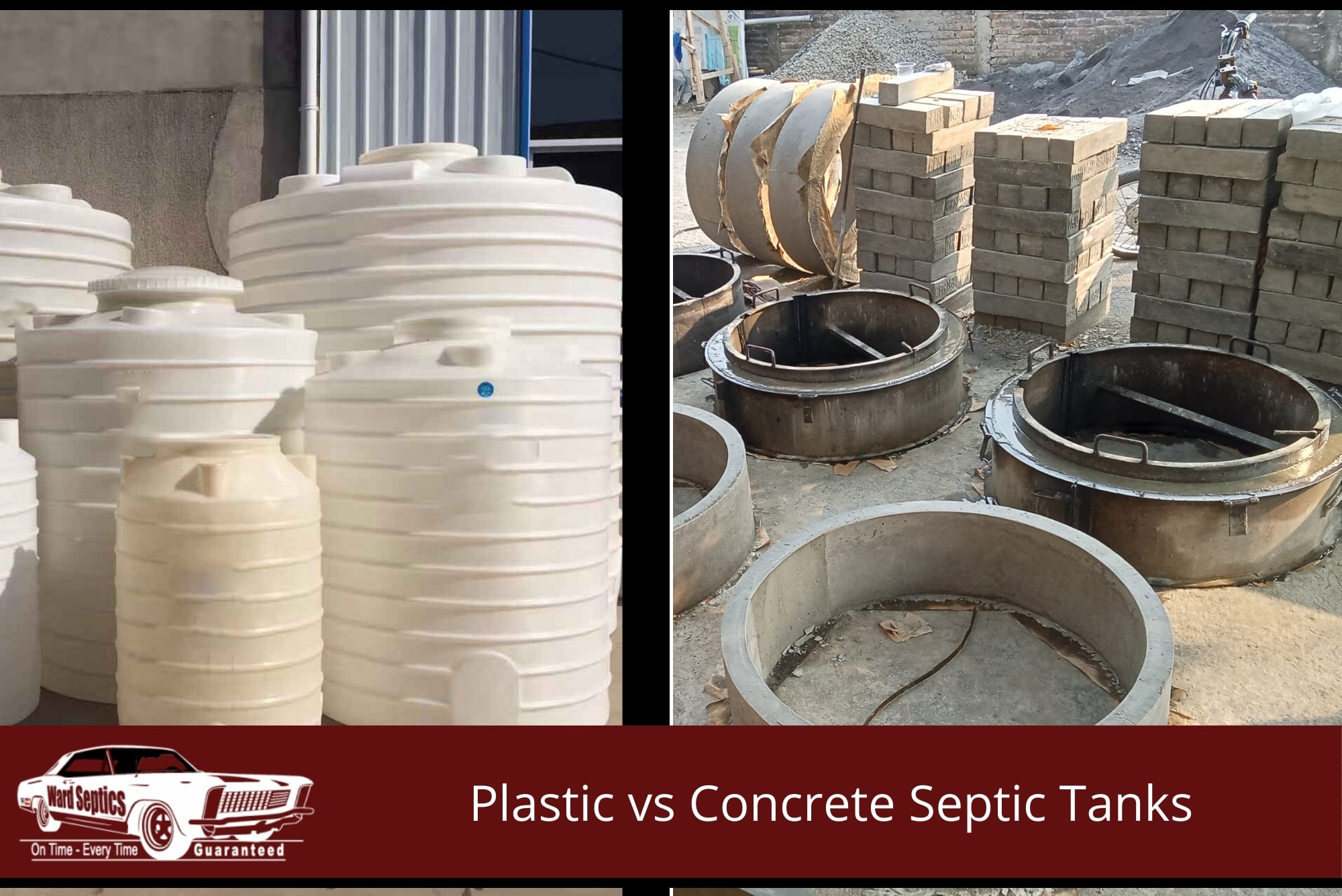 A split-screen comparison view showing multiple large, corrugated white plastic septic tanks grouped together on the left, and concrete septic well molds, rings, and stacked concrete blocks in a manufacturing yard on the right.