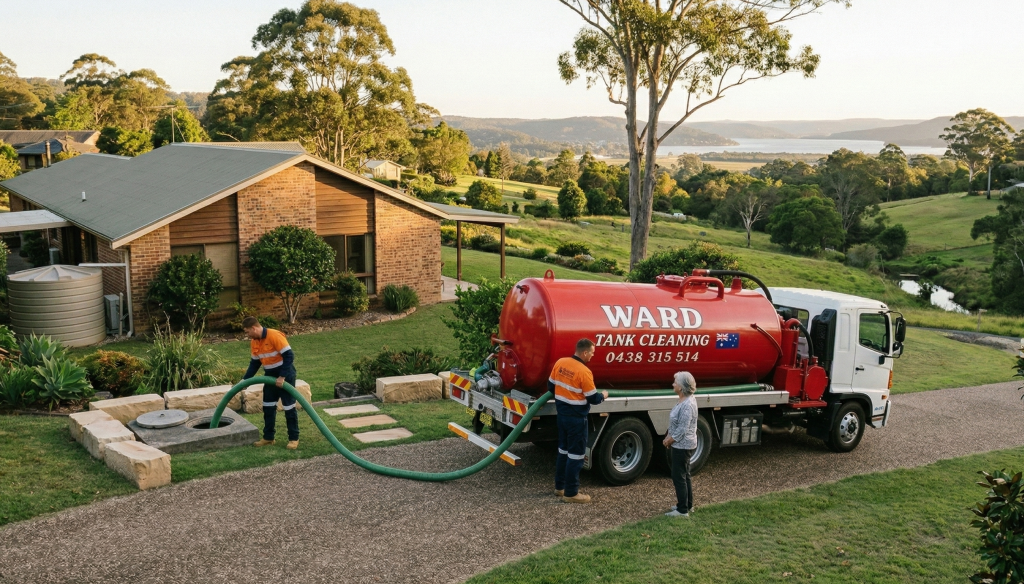 A red "Ward Tank Cleaning" truck parked on a driveway while service workers pump a septic tank at a residential property