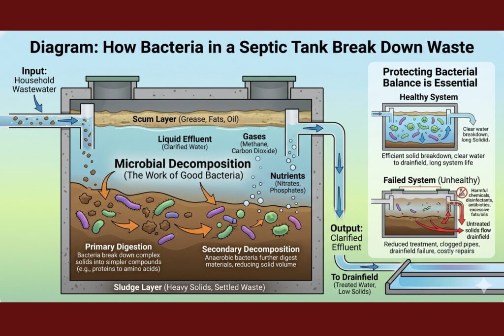 Diagram showing how bacteria inside a septic tank break down solid waste — illustrating why protecting this bacterial balance is essential for system health