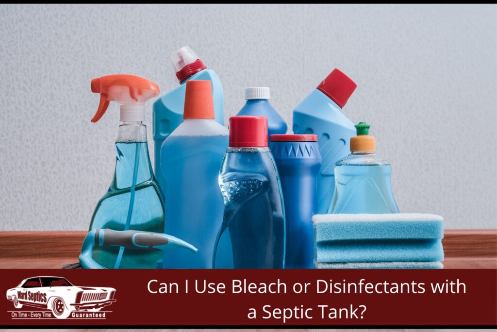 Household bleach and disinfectant spray bottles on a kitchen bench — common cleaning products that can affect a septic tank when overused.