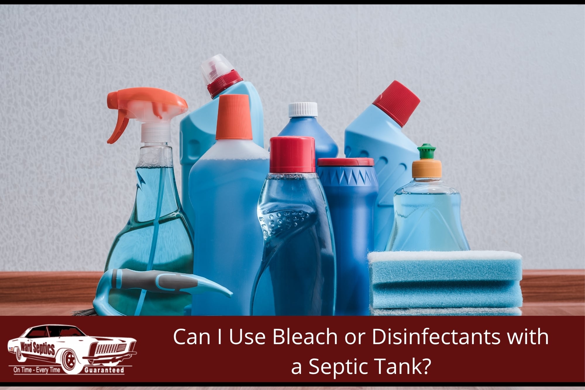Household bleach and disinfectant spray bottles on a kitchen bench — common cleaning products that can affect a septic tank when overused.