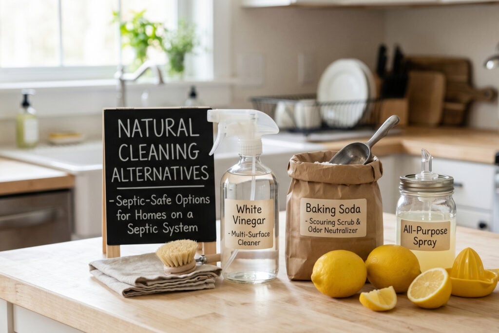 Natural cleaning alternatives — white vinegar, baking soda, and lemon — displayed on a kitchen bench as septic-safe options for homes on a septic system