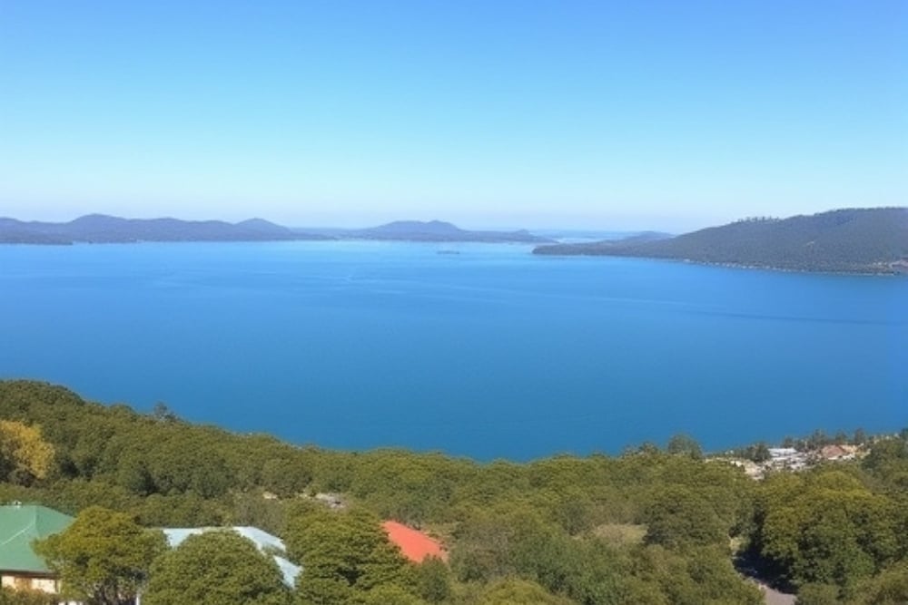 A high-angle scenic view of a vast blue lake surrounded by lush green hills and forests under a clear sky.