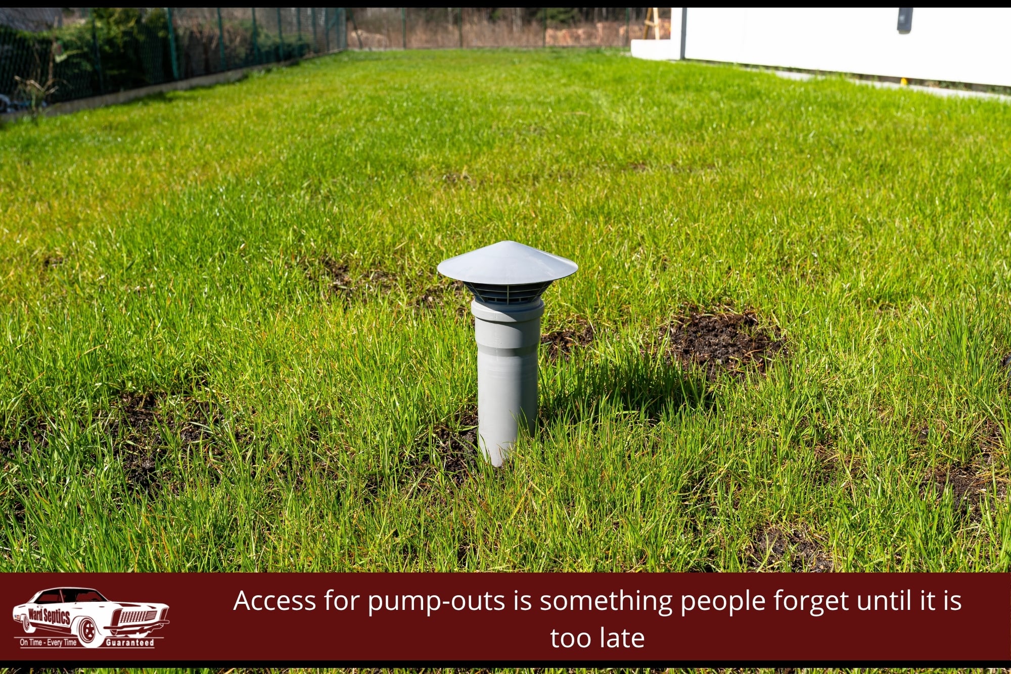 A grey PVC septic vent pipe with a mushroom cap protruding from a green lawn, highlighting the importance of access for pump-outs.
