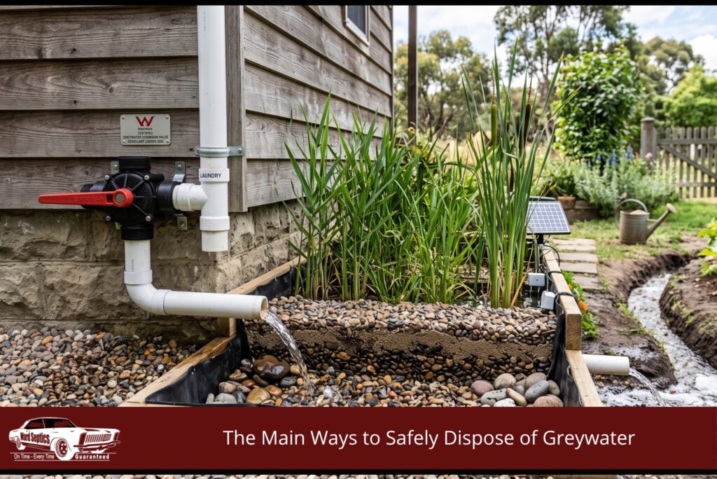 A constructed reed bed and sand filter system on a rural off-grid Australian property, used to naturally filter and treat greywater before it is released to the surrounding land