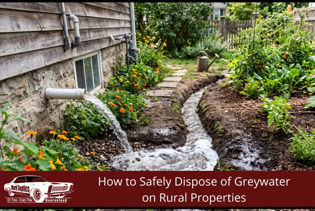 A rural Australian property showing a subsurface greywater irrigation trench running from the laundry and bathroom toward a garden bed, demonstrating a compliant on-site disposal method