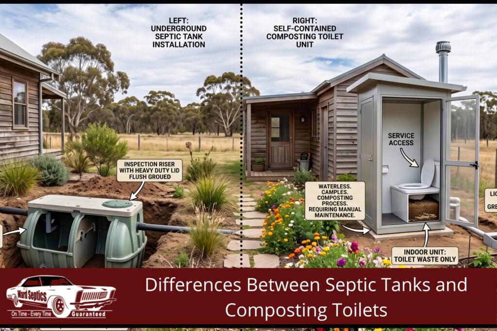 A side-by-side comparison showing an underground septic tank being installed on a rural Australian property on one side, and a self-contained composting toilet unit installed in a rural bathroom on the other