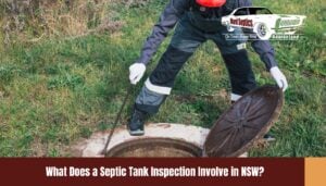 Technician inspecting an underground septic tank lid in NSW.