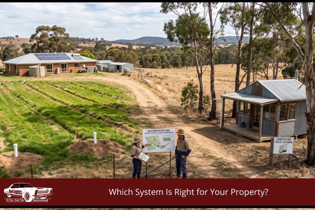 A rural Australian landscape showing an established septic drainage field on a main residence in the background and a small off-grid cabin in the foreground, illustrating the different property types suited to each wastewater system